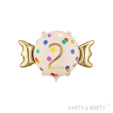dekoracja na 2 urodziny balon foliowy cukierek do girland kremowo zloty 30 shp
