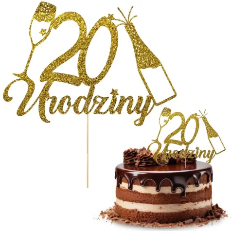 dekoracja na 20 urodziny topper papierowy szampanskie urodziny zloty brokat 15 x 19 cm