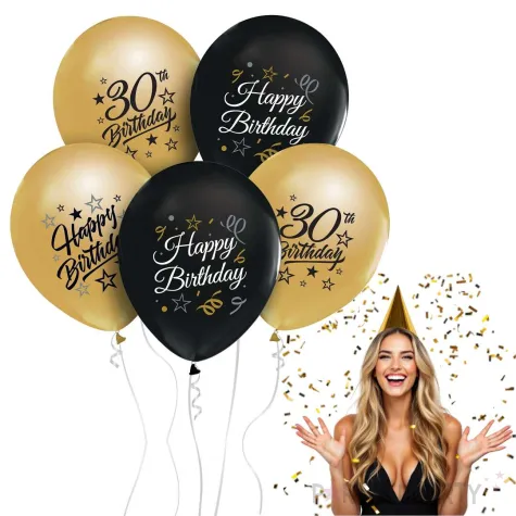 dekoracja na 30 urodziny balony happy birthday 30 beauty and charm zloto czarny godan 12 x5