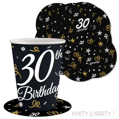 dekoracja na 30 urodziny papierowe podkladki pod kubki 30 glamour czarne 12 szt