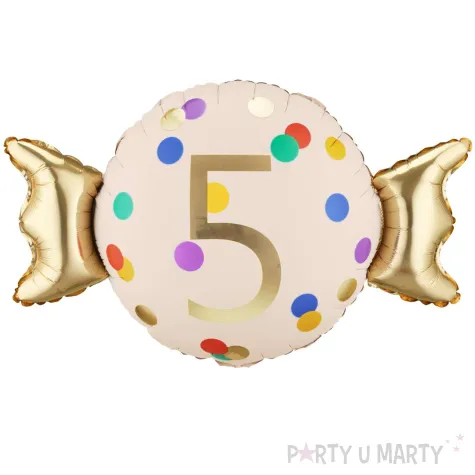 dekoracja na 5 urodziny balon foliowy cukierek do girland kremowo zloty 30 shp