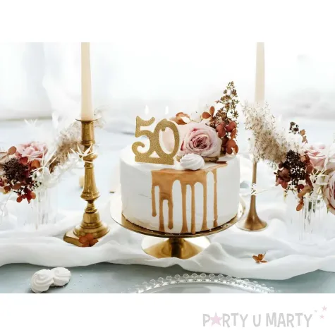 dekoracja na 50 urodziny swieczka na tort liczba 50 zloty partydeco 8 5 cm
