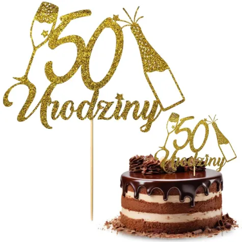 dekoracja na 50 urodziny topper papierowy szampanskie urodziny zloty brokat 15 x 19 cm
