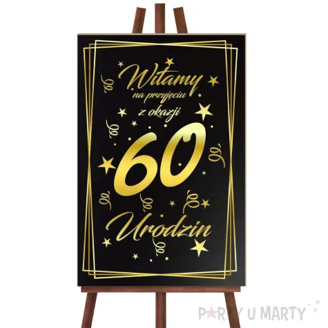 dekoracja na 60 urodziny drewniana tablica powitalna glamour zloto czarna powitanie gosci
