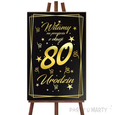 dekoracja na 80 urodziny drewniana tablica powitalna glamour zloto czarna powitanie gosci