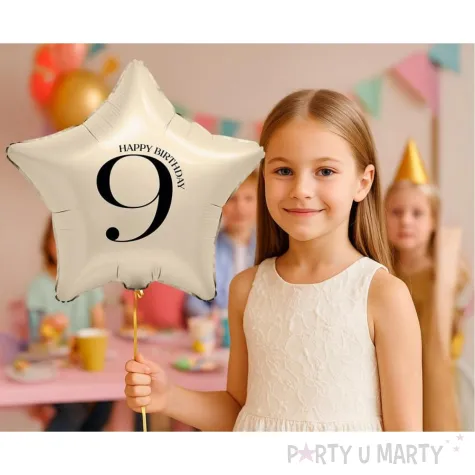 dekoracja na 9 19 29 39 49 59 69 79 89 urodziny balon foliowy gwiazda cyfra 9 kremowy 18 dgt
