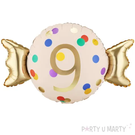 dekoracja na 9 urodziny balon foliowy cukierek do girland kremowo zloty 30 shp