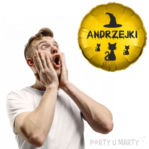 dekoracja na andrzejki balon foliowy kapelusz czarownicy i czarne koty zloty 18 rnd