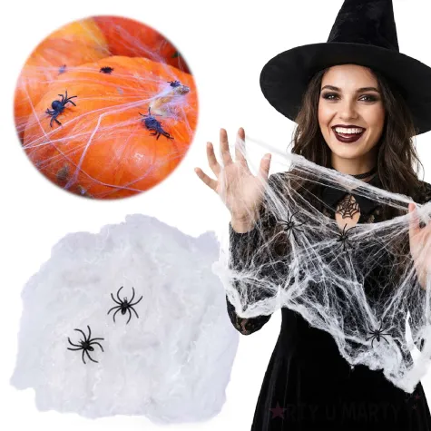 dekoracja na andrzejki sztuczna pajeczyna i 2 pajaki nylonowa halloween ozdoba biala 60 g