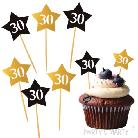 dekoracja na babeczki muffinki i koreczki pikery 30 urodziny gwiazdki zloto czarne 6 szt