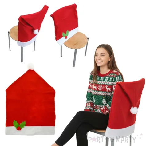 dekoracja na boze narodzenie swieta pokrowiec na krzeslo czapka swietego mikolaja 49x72 cm