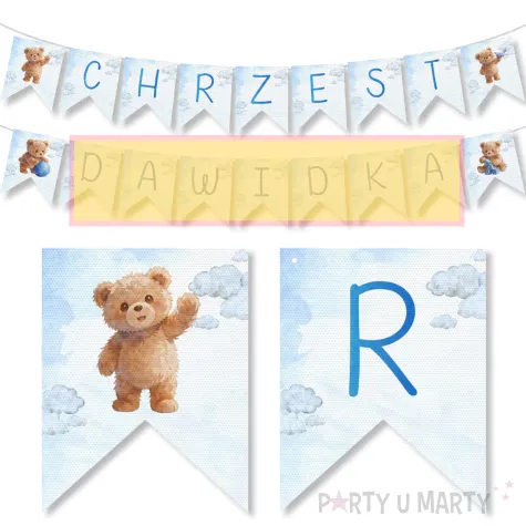 dekoracja na chrzest swiety chlopca baner girlanda niebieski mis personalizacja imie dziecka