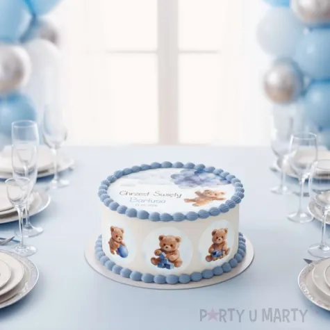 dekoracja na chrzest swiety chlopca personalizowany oplatek na tort niebieski mis 1 8
