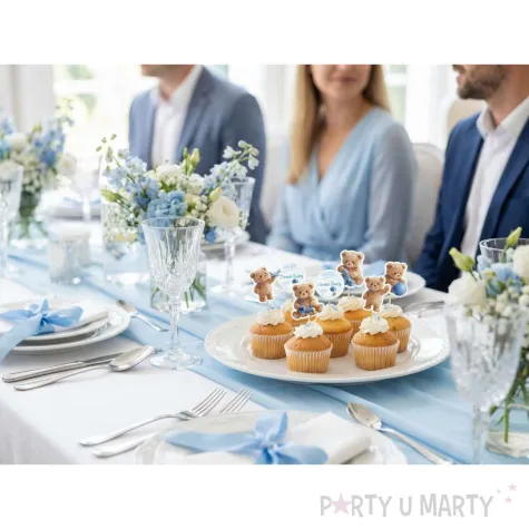 dekoracja na chrzest swiety chlopca pikery na muffinki niebieski mis szpilki na babeczki 6 szt