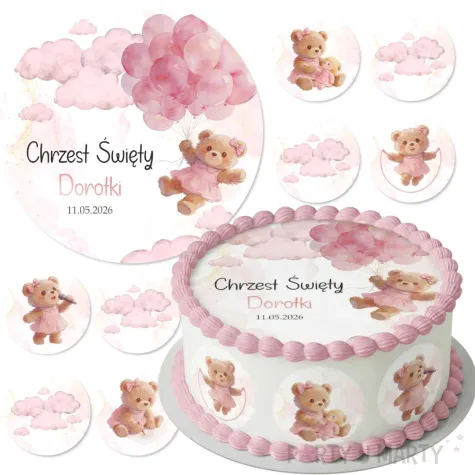 dekoracja na chrzest swiety dziewczynki personalizowany oplatek na tort rozowy mis 1 8