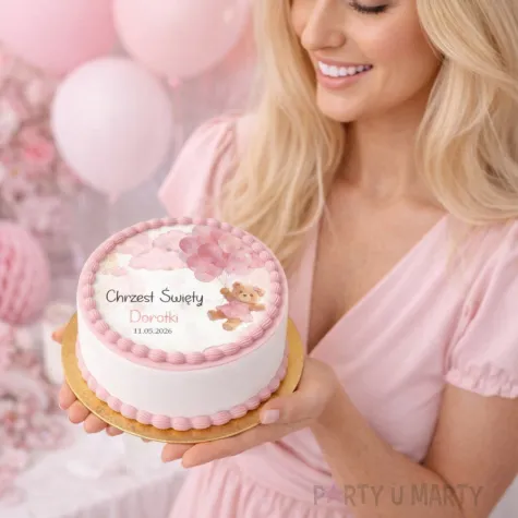 dekoracja na chrzest swiety dziewczynki personalizowany oplatek na tort rozowy mis 1 8