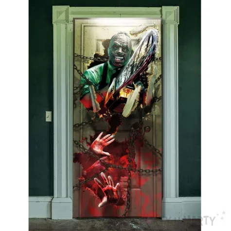 dekoracja na drzwi morderca z pila mechaniczna guirca 180 x 80 cm