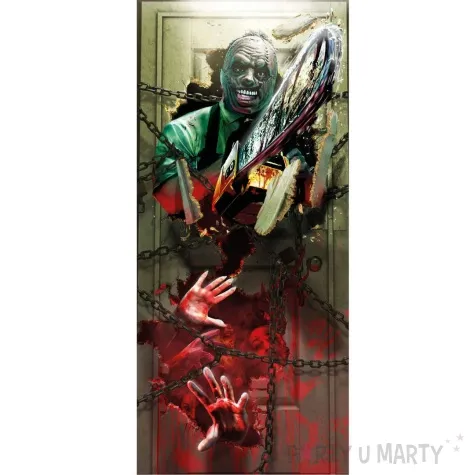 dekoracja na drzwi morderca z pila mechaniczna guirca 180 x 80 cm