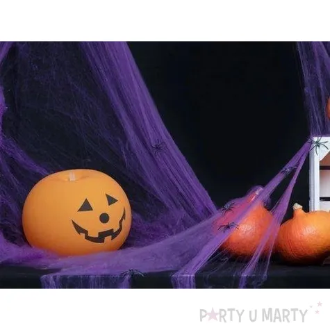 dekoracja na halloween andrzejki pajeczyna nylonowa do zdjec z pajakami fioletowa 20g