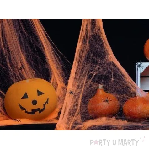 dekoracja na halloween andrzejki pajeczyna nylonowa do zdjec z pajakami pomaranczowa 20g