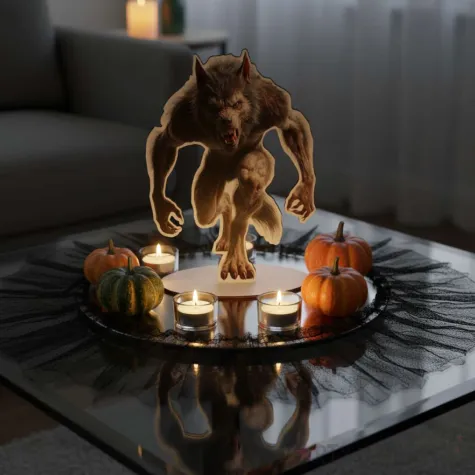 dekoracja na halloween drewniana figurka wilkolak do postawienia 15 cm