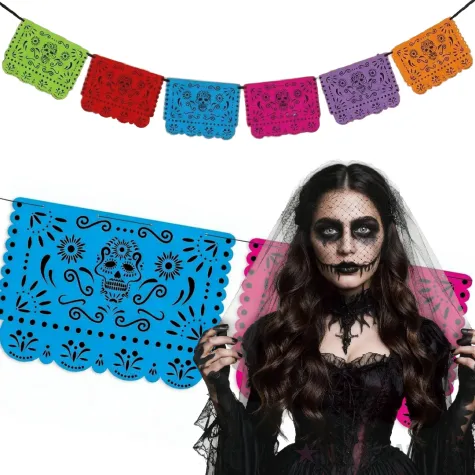 dekoracja na halloween girlanda papierowa baner kolorowe czaszki dia de los muertos 2 2 m