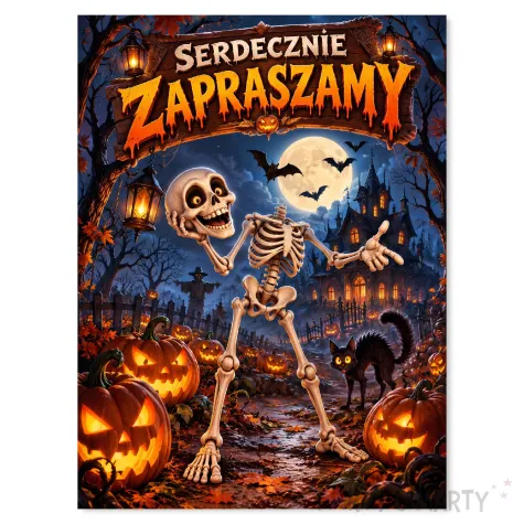 dekoracja na halloween powitalny plakat na drzwi cukierek albo psikus kosciotrup zaproszenie kot