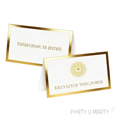 dekoracja na komune chlopca dziewczynki wizytowki na stol winietki ihs w ramce personalizacja