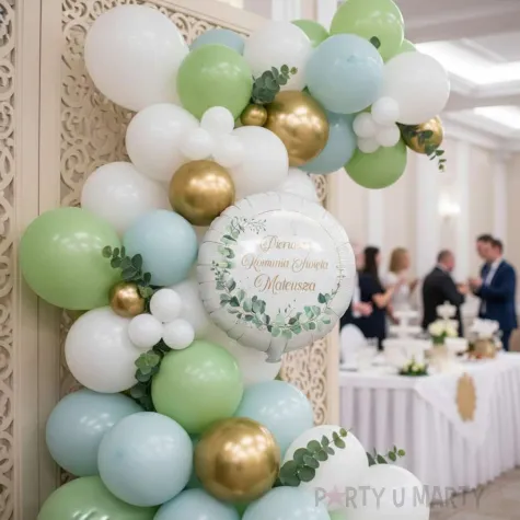 dekoracja na komunie personalizowany balon foliowy eukaliptus beauty imie bialy 18 rnd
