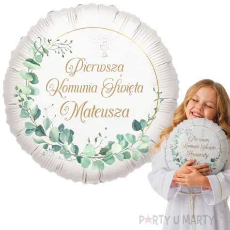 dekoracja na komunie personalizowany balon foliowy eukaliptus beauty imie bialy 18 rnd