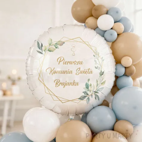 dekoracja na komunie personalizowany balon foliowy mietowa geometria imie bialy 18 rnd