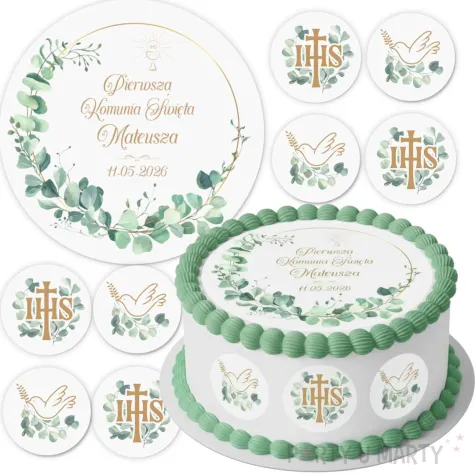 dekoracja na komunie swieta personalizowany oplatek na tort eukaliptus beauty imie 1 8