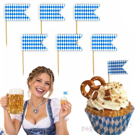 dekoracja na muffinki kielbaski ciasto pikery oktoberfest flagi w kratke niebieskie 6 szt