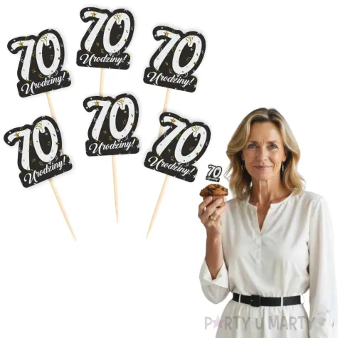 dekoracja na muffinki pikery 70 urodziny glamour ozdobne szpilki na babeczki 6 szt