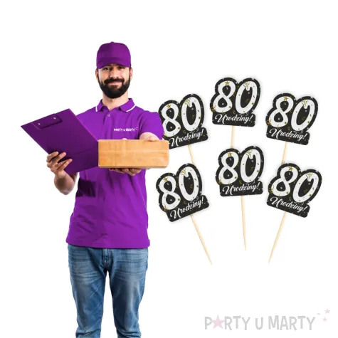 dekoracja na muffinki pikery 80 urodziny glamour ozdobne szpilki na babeczki 6 szt