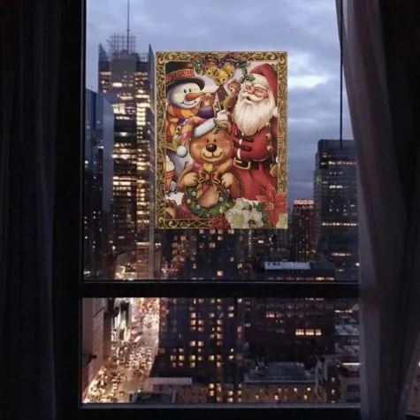 dekoracja na okno swiateczny balwanek mikolaj i mis witraz aliga 30x20 cm