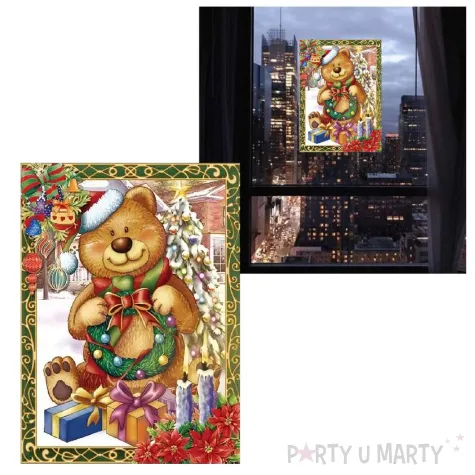 dekoracja na okno swiateczny mis z prezentami witraz aliga 30x20 cm