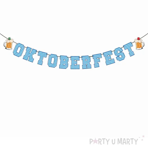 dekoracja na oktoberfest baner papierowy napis niebieska krata bawarska girlanda ozdoba 2 m