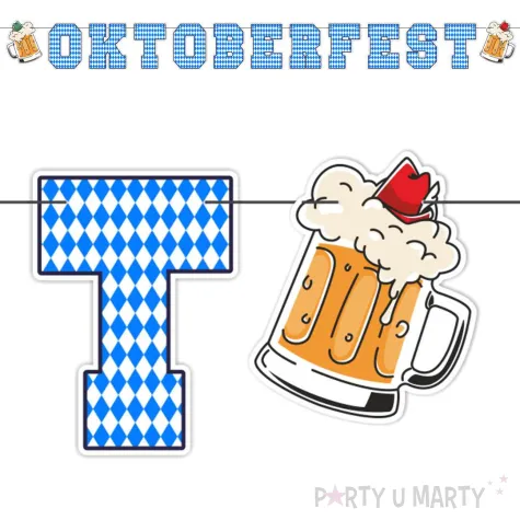 dekoracja na oktoberfest baner papierowy napis niebieska krata girlanda ozdoba 2 m