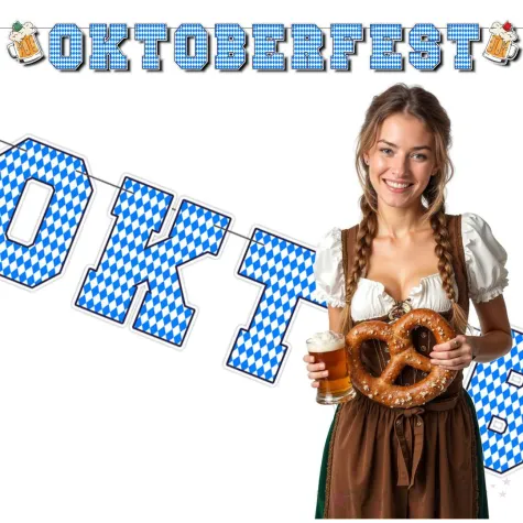 dekoracja na oktoberfest baner papierowy napis niebieska krata girlanda ozdoba 2 m