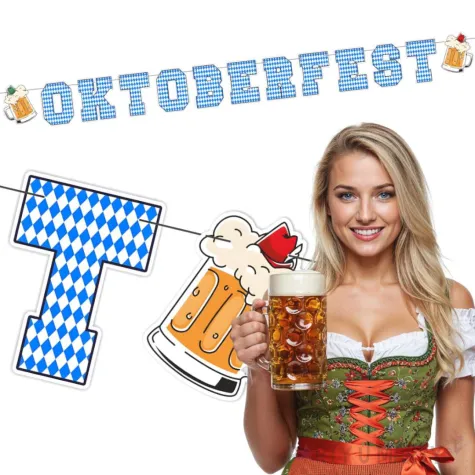 dekoracja na oktoberfest baner papierowy napis niebieska krata girlanda ozdoba 2 m
