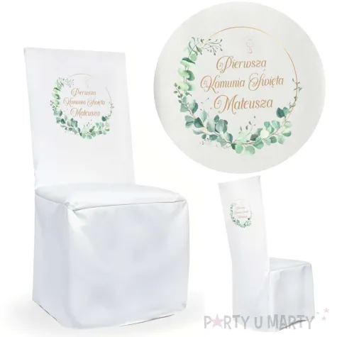 dekoracja na pierwsza komunie pokrowiec na krzeslo eukaliptus beauty personalizacja bialy