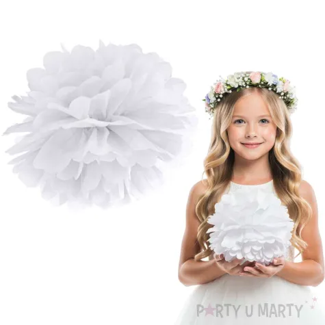 dekoracja na pierwsza komunie swieta wesele chrzest pompon bibulowy bialy 25 cm
