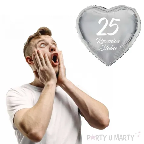 dekoracja na rocznice slubu srebrne gody balon foliowy serce liczba 25 srebrny 18 hrt