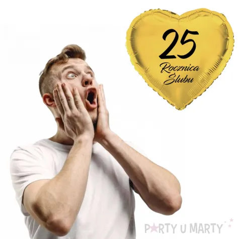 dekoracja na rocznice slubu srebrne gody balon foliowy serce liczba 25 zloty 18 hrt