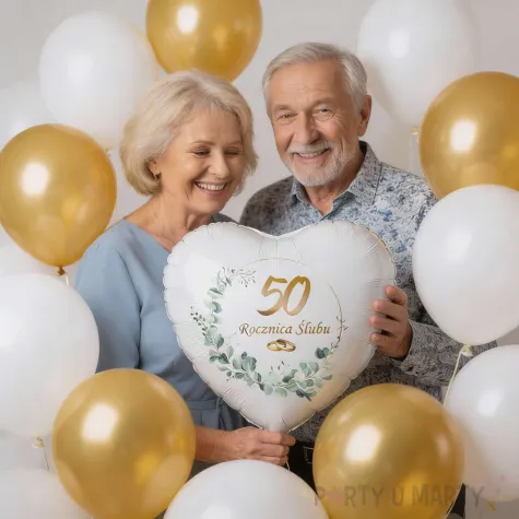 dekoracja na rocznice slubu zlote gody balon foliowy serce liczba 50 bialy 18 hrt