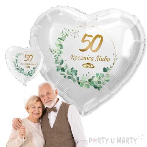 dekoracja na rocznice slubu zlote gody balon foliowy serce liczba 50 bialy 18 hrt