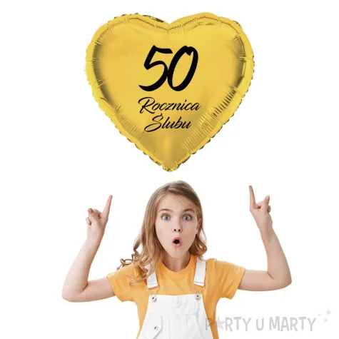 dekoracja na rocznice slubu zlote gody balon foliowy serce liczba 50 zloty 18 hrt