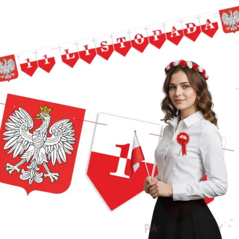 dekoracja na swieto 11 listopada baner flagi z godlem bialo czerwony 2 3 m