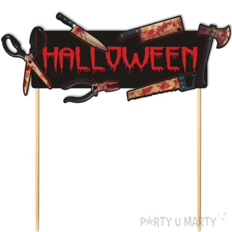 dekoracja na tort halloweenowy krwawe narzedzia topper z siekierami i krwia